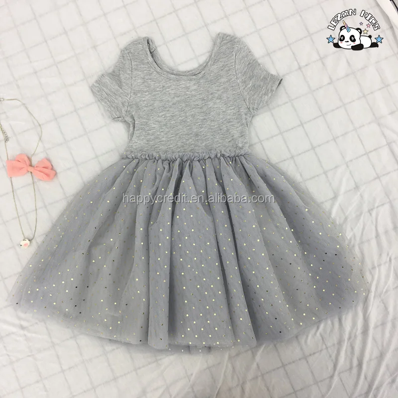 LEZONKIDS - Custom MOQ 100pcs Grey Cotton Short Sleeve 4 Layers Tulle Dress Girls Swan Dots Foil Print Dress